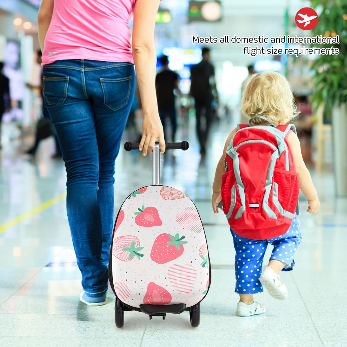 2-IN-1 Skateboard Luggage with 3 Color Lighted Wheels for Kids-Pink &amp; White