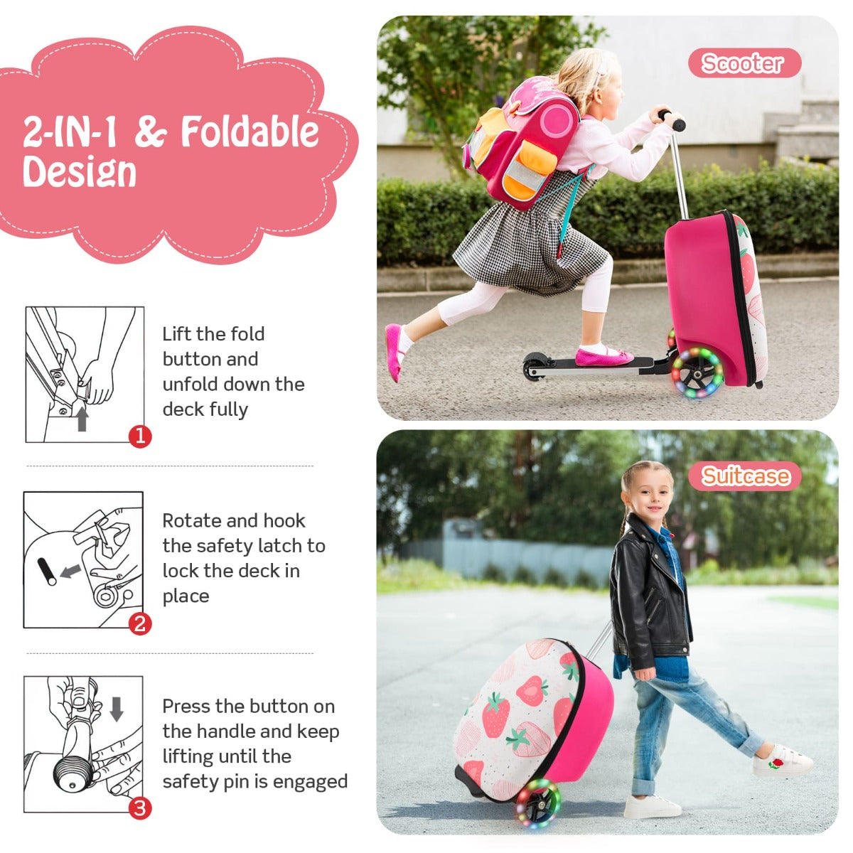 2-IN-1 Skateboard Luggage with 3 Color Lighted Wheels for Kids-Pink &amp; White
