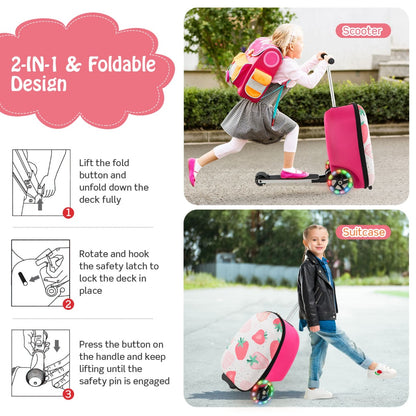 2-IN-1 Skateboard Luggage with 3 Color Lighted Wheels for Kids-Pink &amp; White