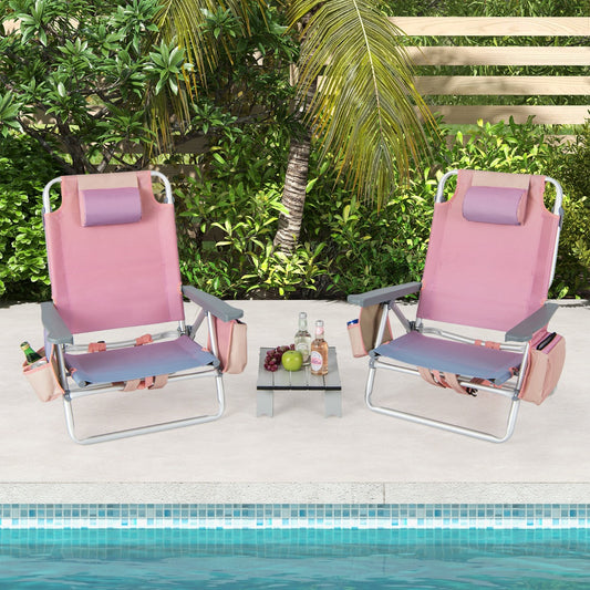 Costway 2-Pack Folding Backpack Beach Chair 5-Position Outdoor Reclining Chairs with Pillow-M