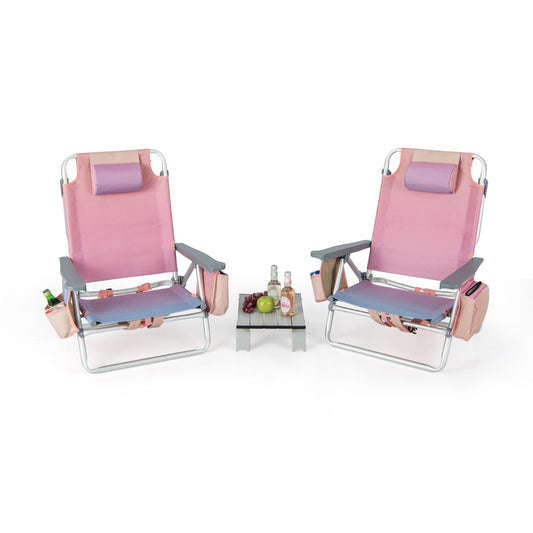 Costway 2-Pack Folding Backpack Beach Chair 5-Position Outdoor Reclining Chairs with Pillow-M