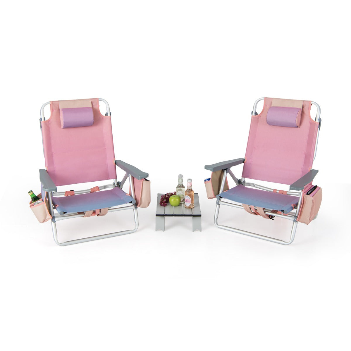 Five-position adjustable backrest lets each folding beach chair sit upright, recline, or lie flat