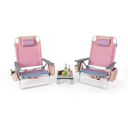 Five-position adjustable backrest lets each folding beach chair sit upright, recline, or lie flat