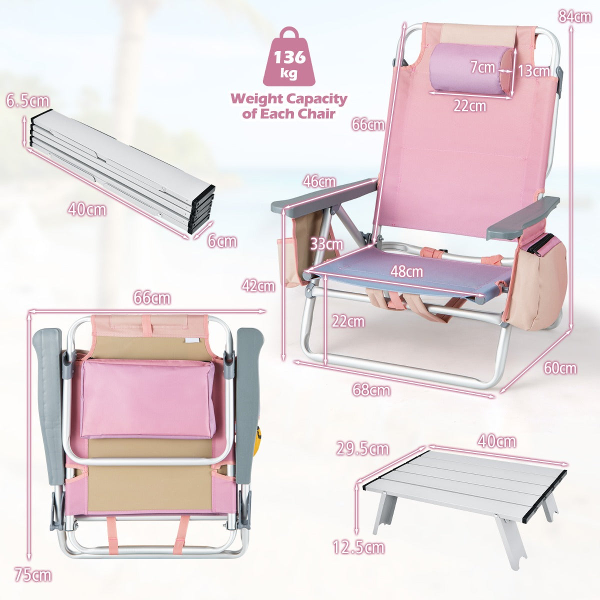 Two-pack reclining beach chairs with five-position backrests, aluminum frames, storage bags, and cooler pockets