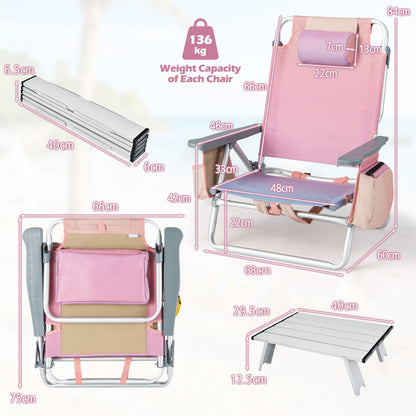 Two-pack reclining beach chairs with five-position backrests, aluminum frames, storage bags, and cooler pockets