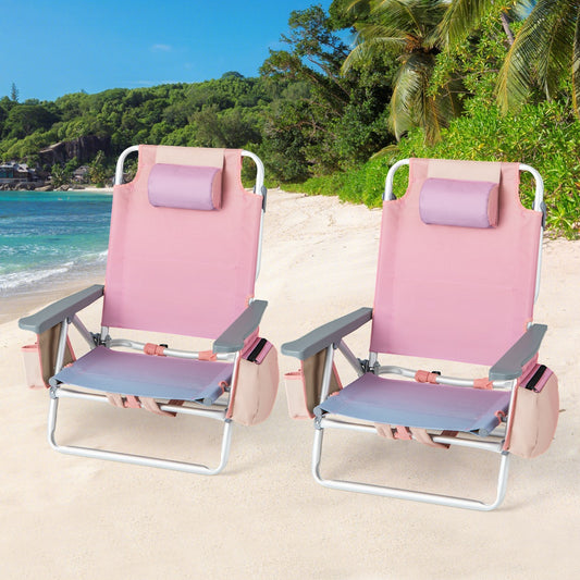 Costway 2-Pack Folding Backpack Beach Chair 5-Position Outdoor Reclining Chairs with Pillow-S