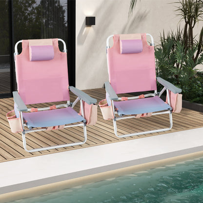 Costway 2-Pack Folding Backpack Beach Chair 5-Position Outdoor Reclining Chairs with Pillow-S