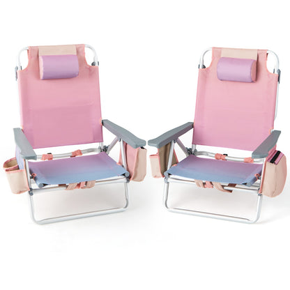 Costway 2-Pack Folding Backpack Beach Chair 5-Position Outdoor Reclining Chairs with Pillow-S