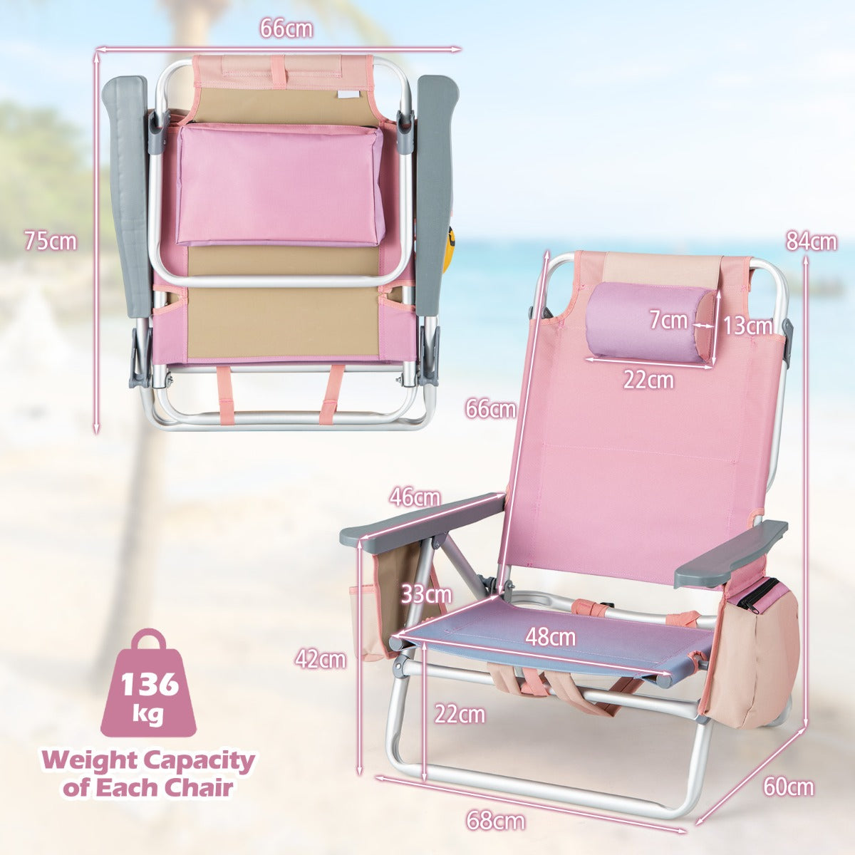 Two-pack reclining beach chairs with five-position backrests, breathable PVC seats, storage bags, and cup holders