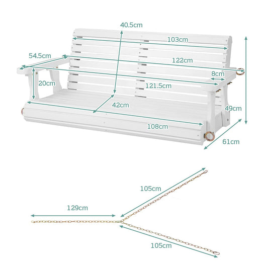 2-Person Wooden Porch Swing with Adjustable Chains, White - 270 kg Capacity