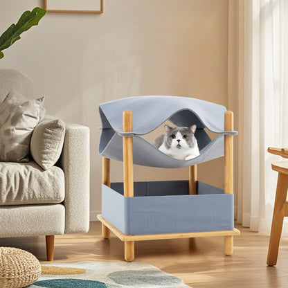 2-Tier Wooden Cat House with Semi-enclosed Condo and Removable Clothes-Grey
