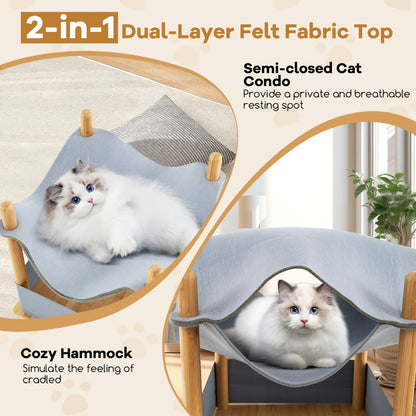 2-Tier Wooden Cat House with Semi-enclosed Condo and Removable Clothes-Grey