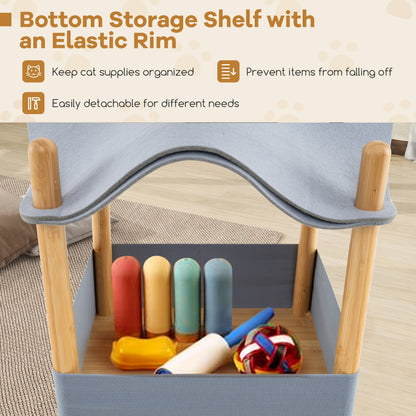 2-Tier Wooden Cat House with Semi-enclosed Condo and Removable Clothes-Grey