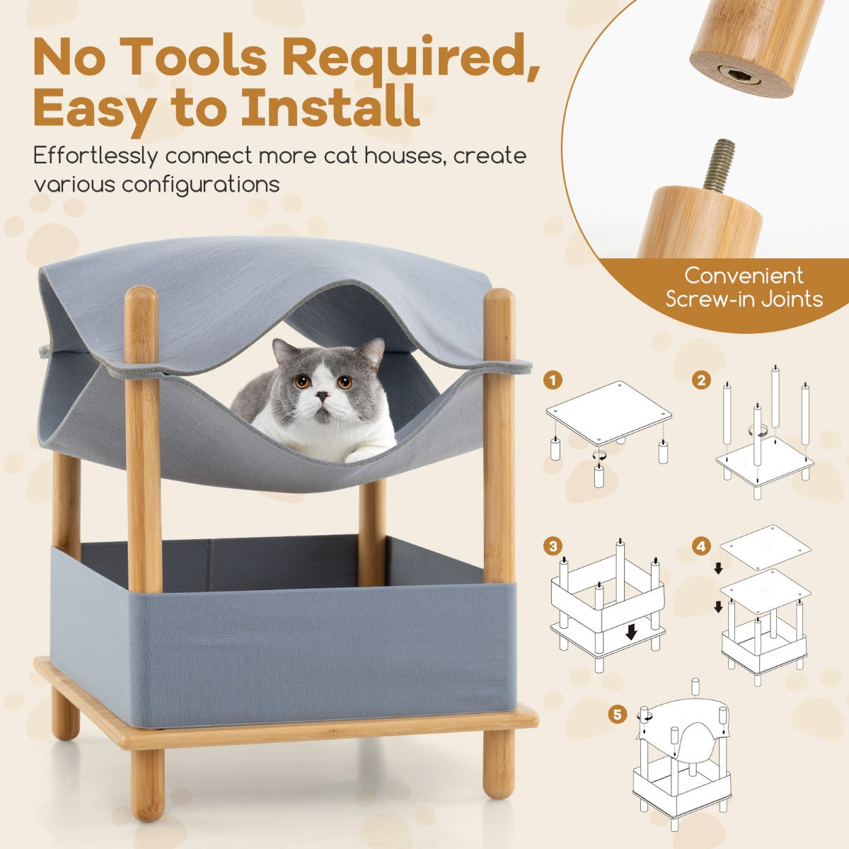 2-Tier Wooden Cat House with Semi-enclosed Condo and Removable Clothes-Grey