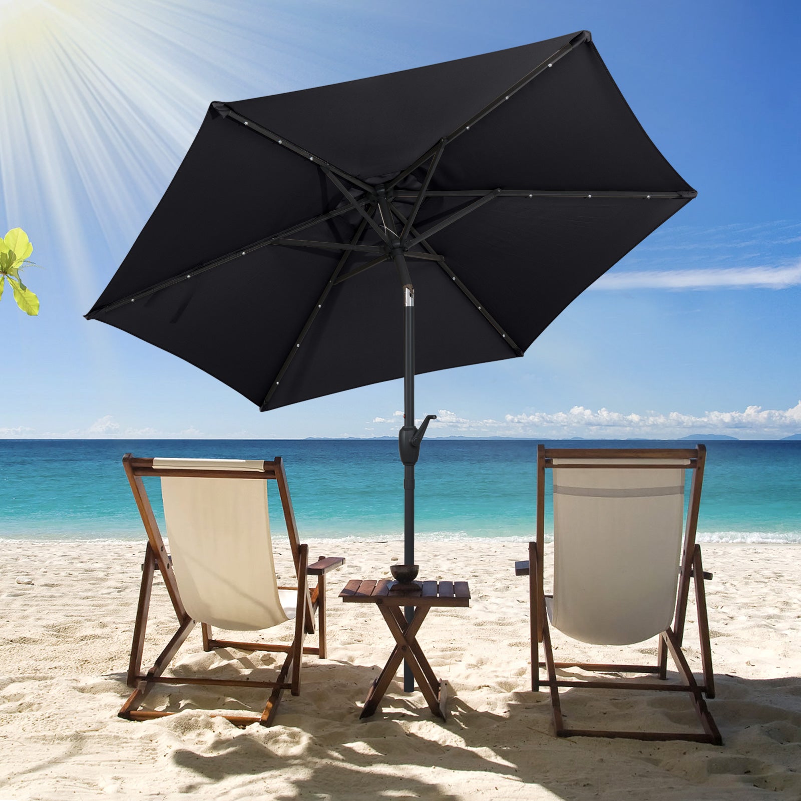 2.3M Solar Powered Patio Umbrella with LED Lights-Black