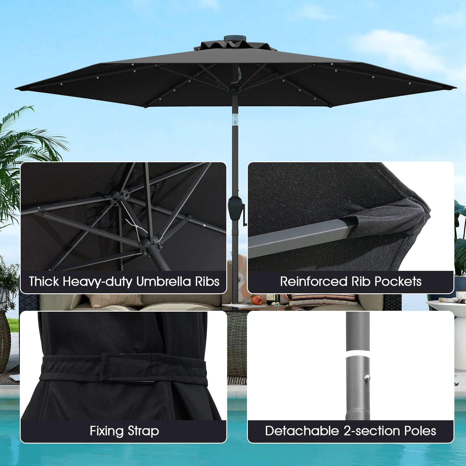 2.3M Solar Powered Patio Umbrella with LED Lights-Black