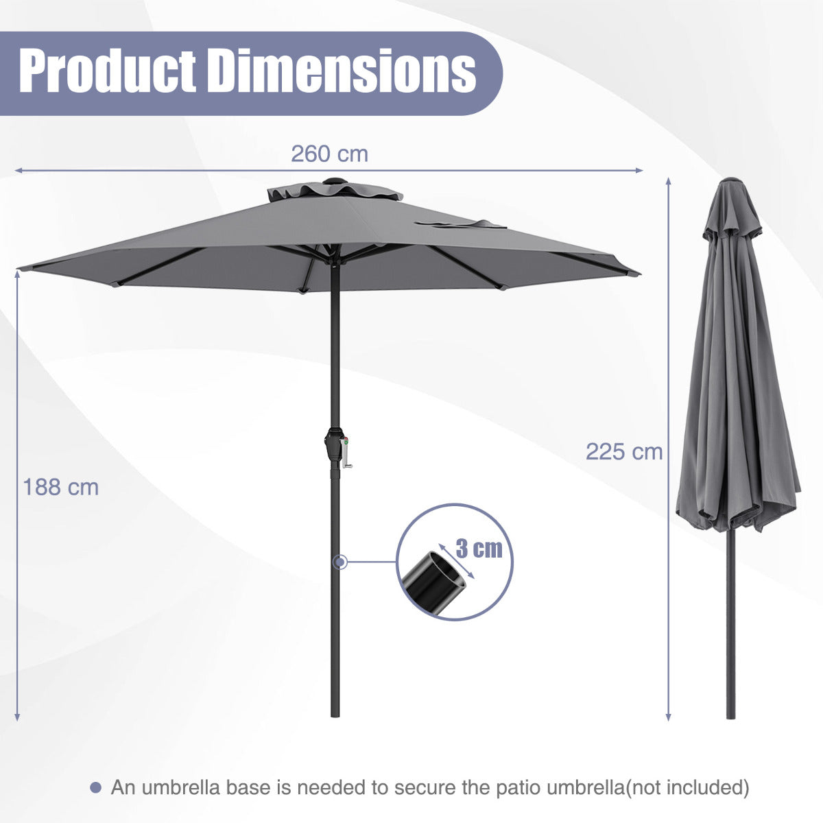 2.6M Patio Umbrella Outdoor Heavy Duty Market Umbrella-Grey