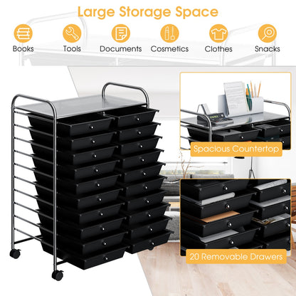 20 Drawers Rolling Storage Cart with Wheels for Home Office-Black