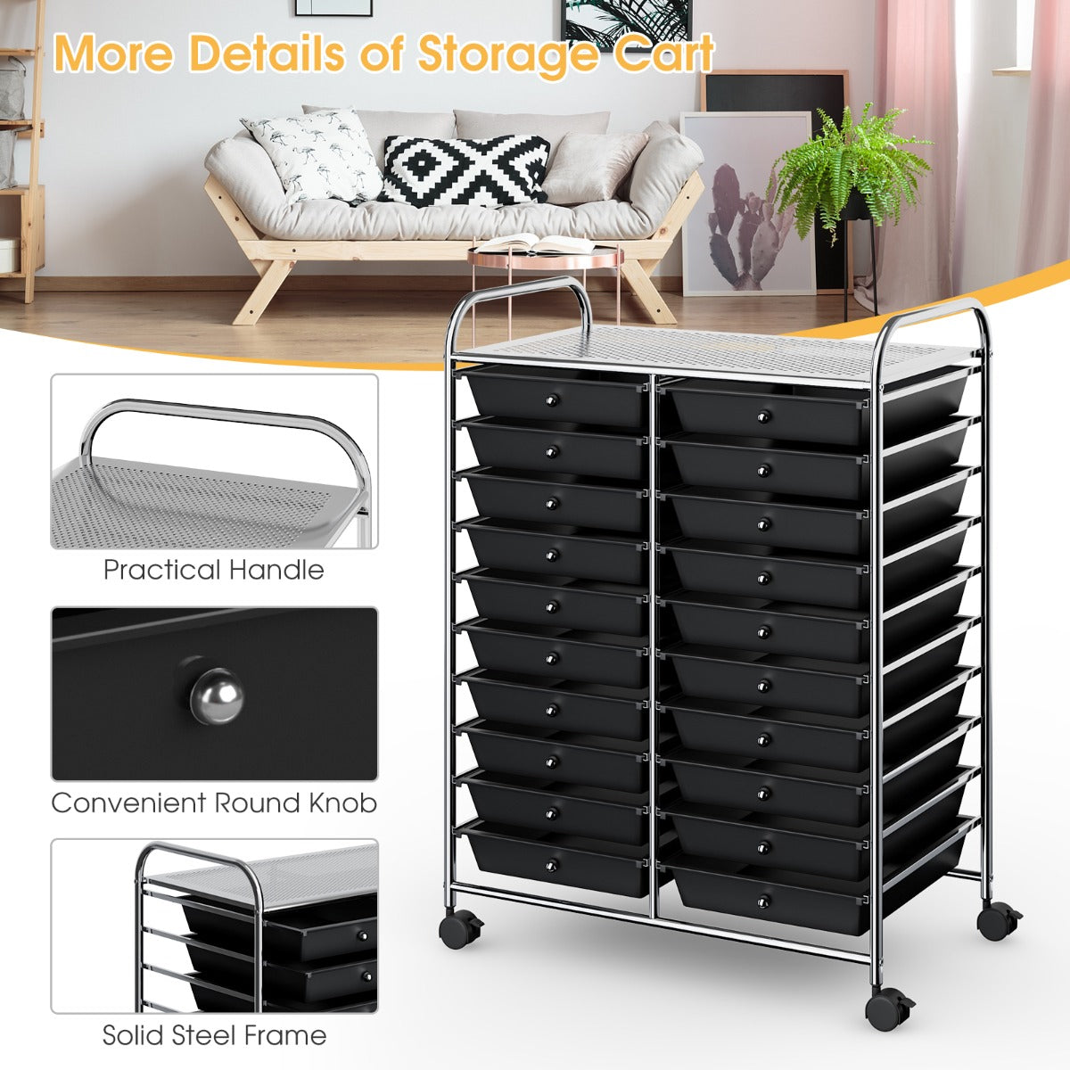 20 Drawers Rolling Storage Cart with Wheels for Home Office-Black