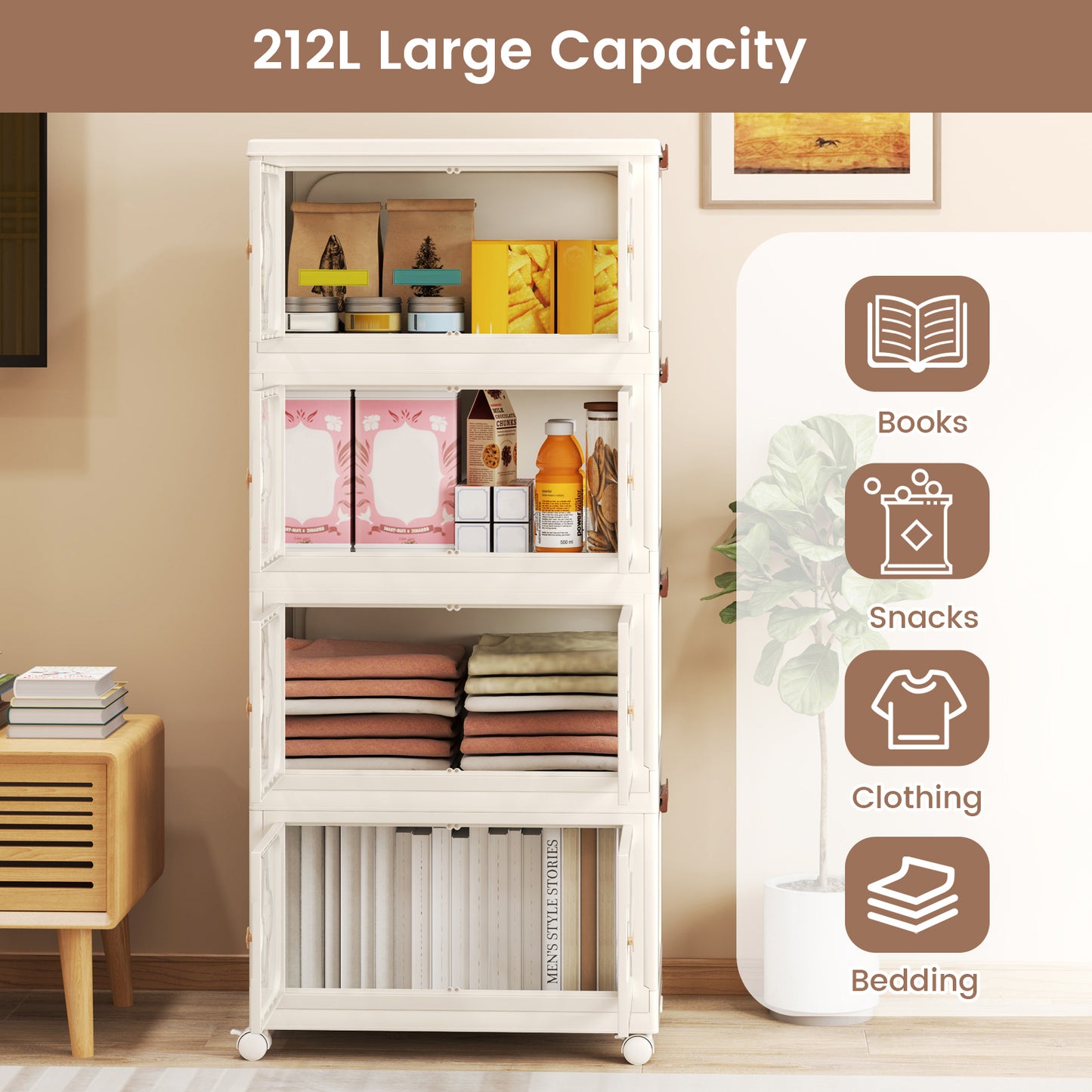 4-Tier Stackable Storage Bins with Lid 212L Closet Storage Organizer-White