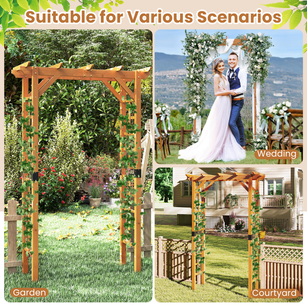 215 cm Garden Arch Wooden Arbor for Climbing Plants-Orange