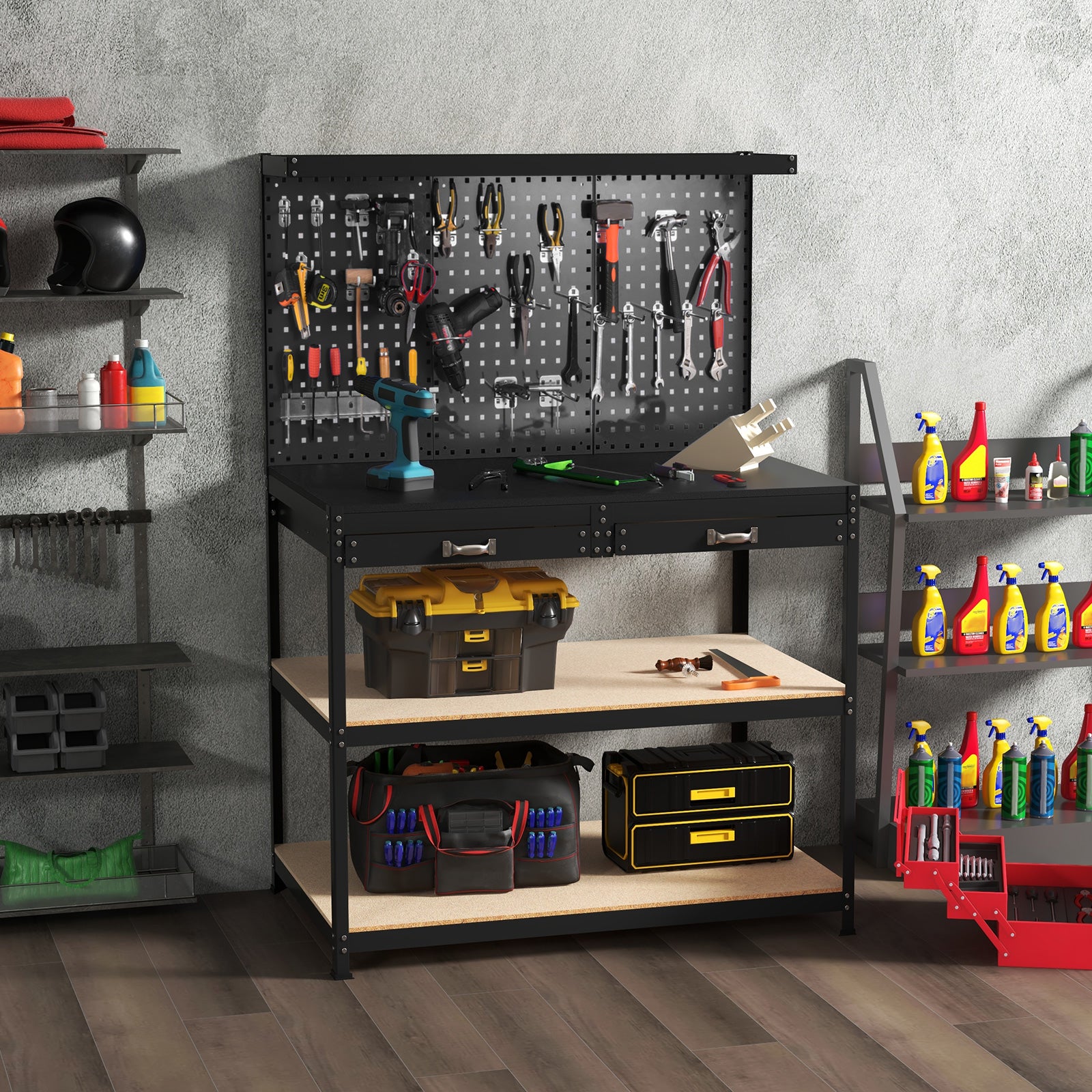 230 kg Heavy-Duty Work Table with 3 Pieces Pegboard and 24 Hanging Accessories-Black
