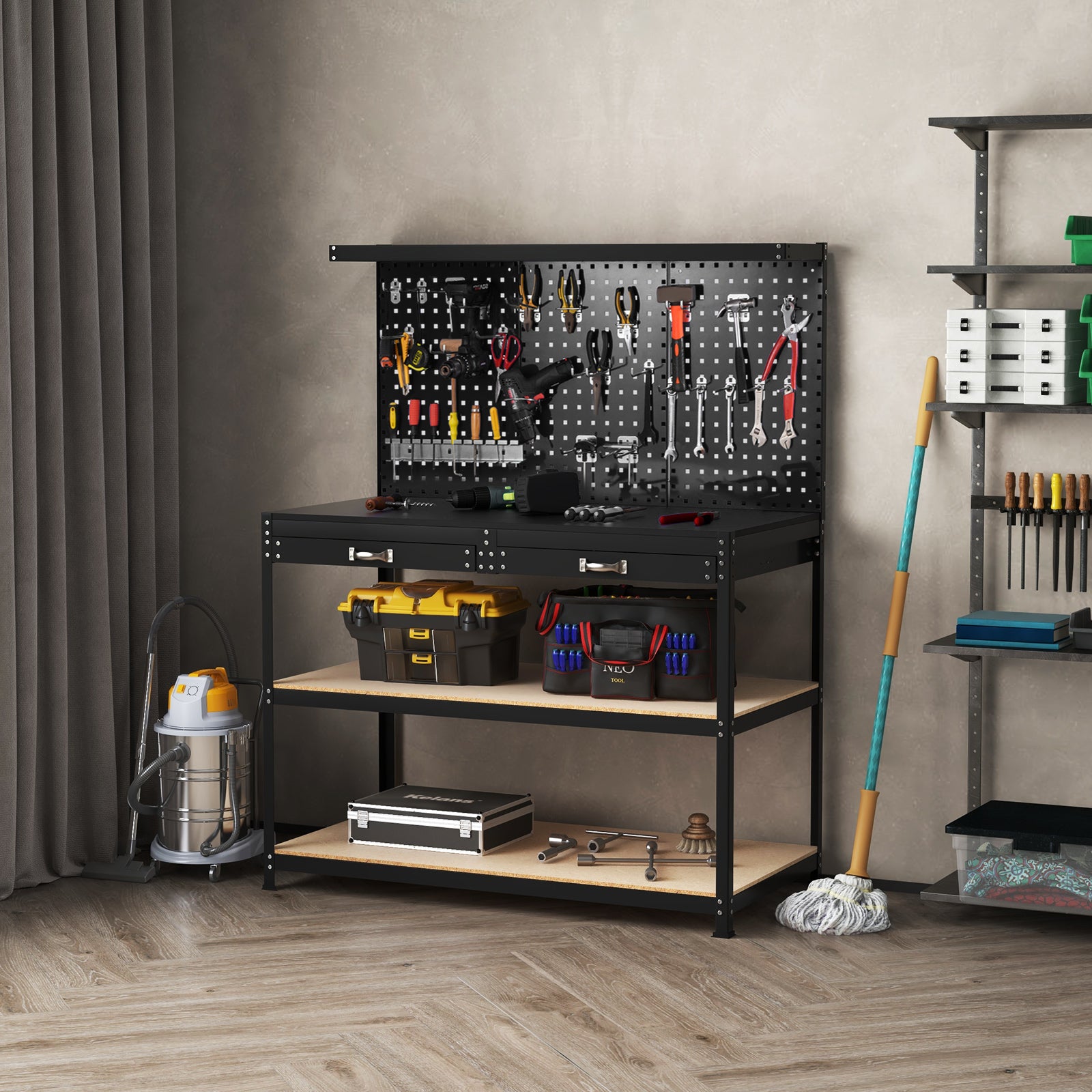 230 kg Heavy-Duty Work Table with 3 Pieces Pegboard and 24 Hanging Accessories-Black