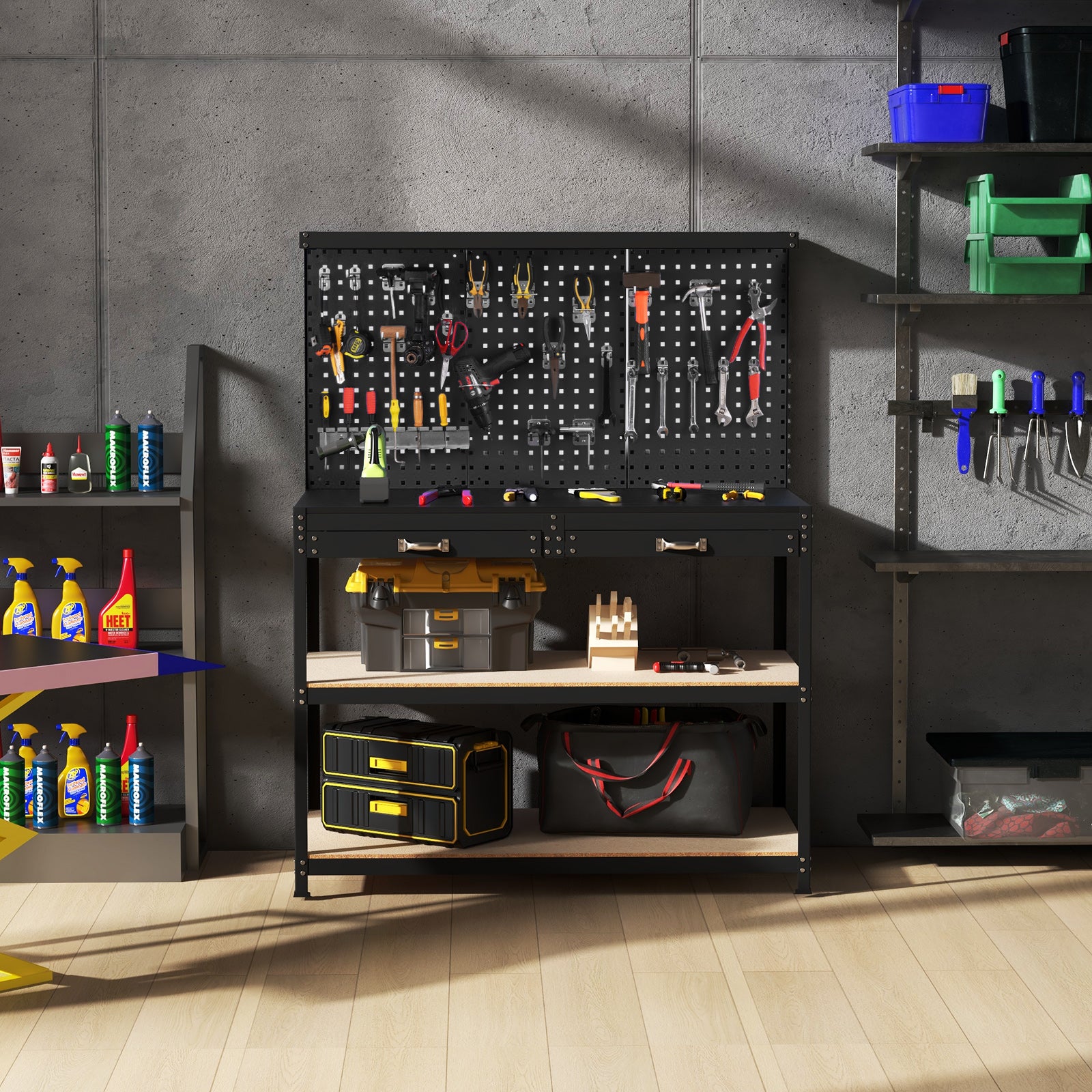 230 kg Heavy-Duty Work Table with 3 Pieces Pegboard and 24 Hanging Accessories-Black
