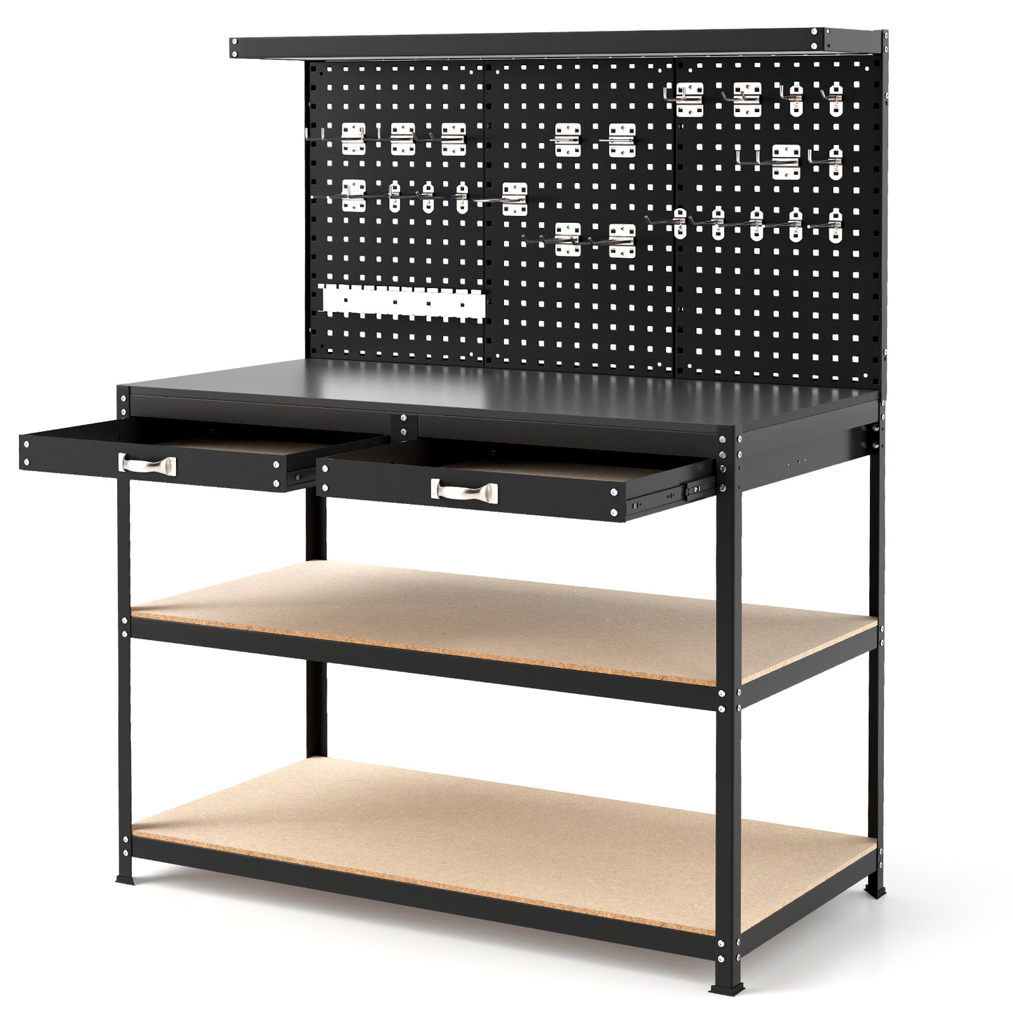 230 kg Heavy-Duty Work Table with 3 Pieces Pegboard and 24 Hanging Accessories-Black