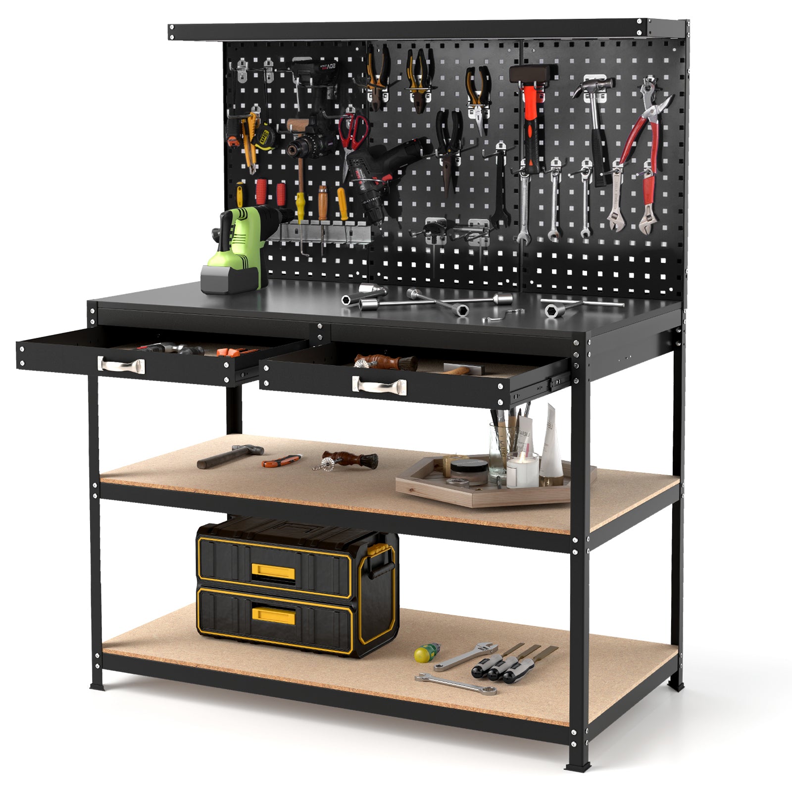 230 kg Heavy-Duty Work Table with 3 Pieces Pegboard and 24 Hanging Accessories-Black