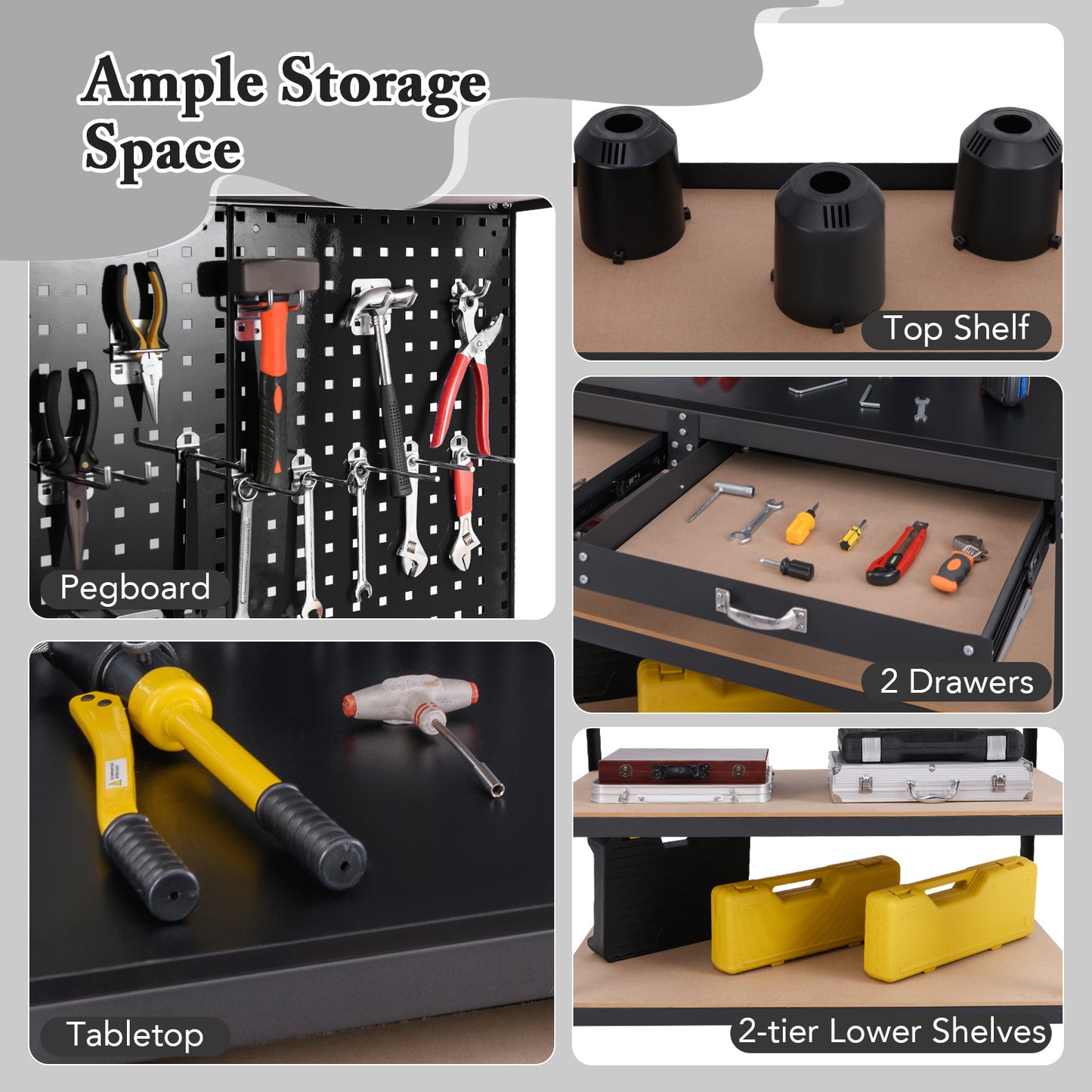 230 kg Heavy-Duty Work Table with 3 Pieces Pegboard and 24 Hanging Accessories-Black