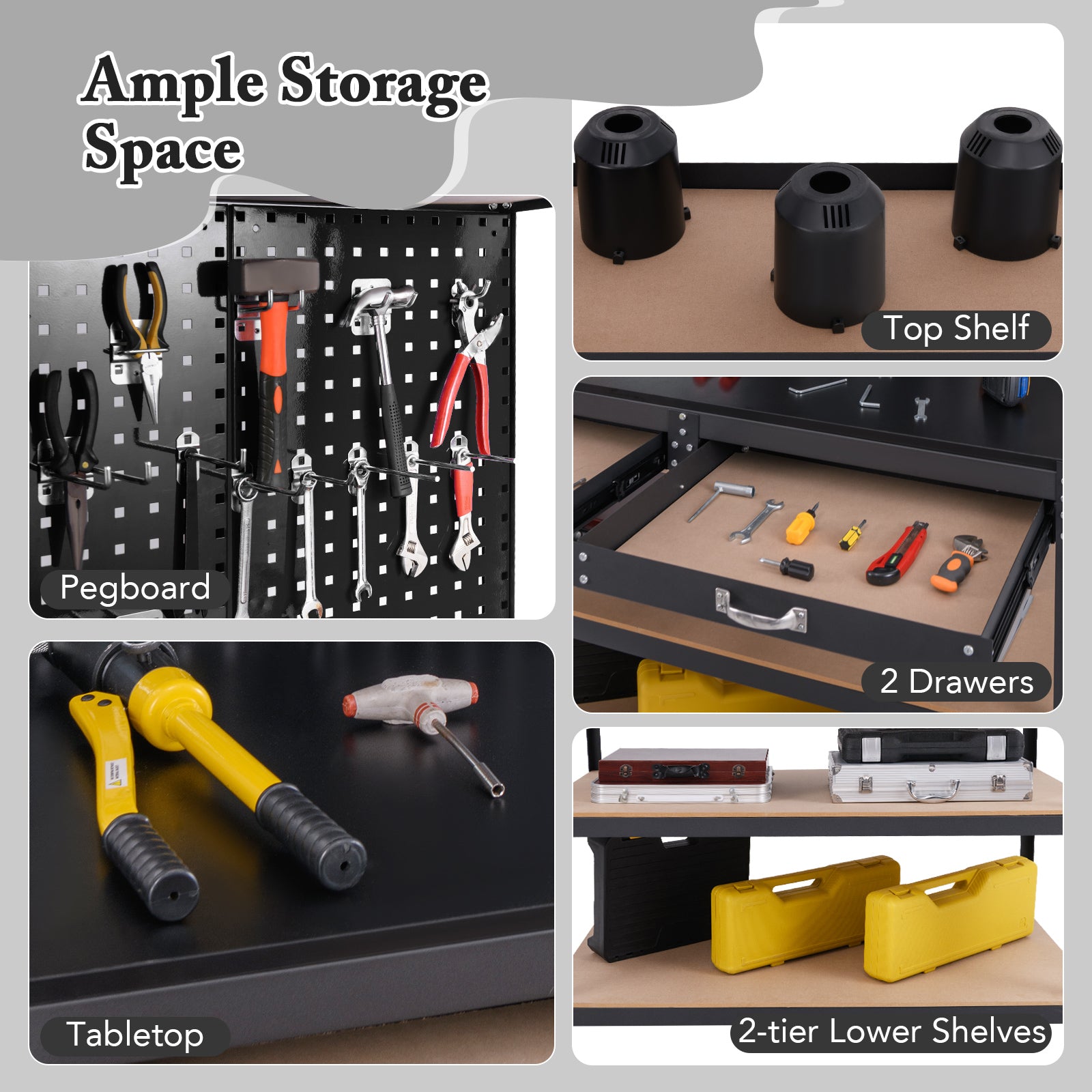 230 kg Heavy-Duty Work Table with 3 Pieces Pegboard and 24 Hanging Accessories-Black