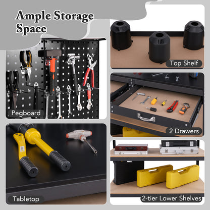 230 kg Heavy-Duty Work Table with 3 Pieces Pegboard and 24 Hanging Accessories-Black