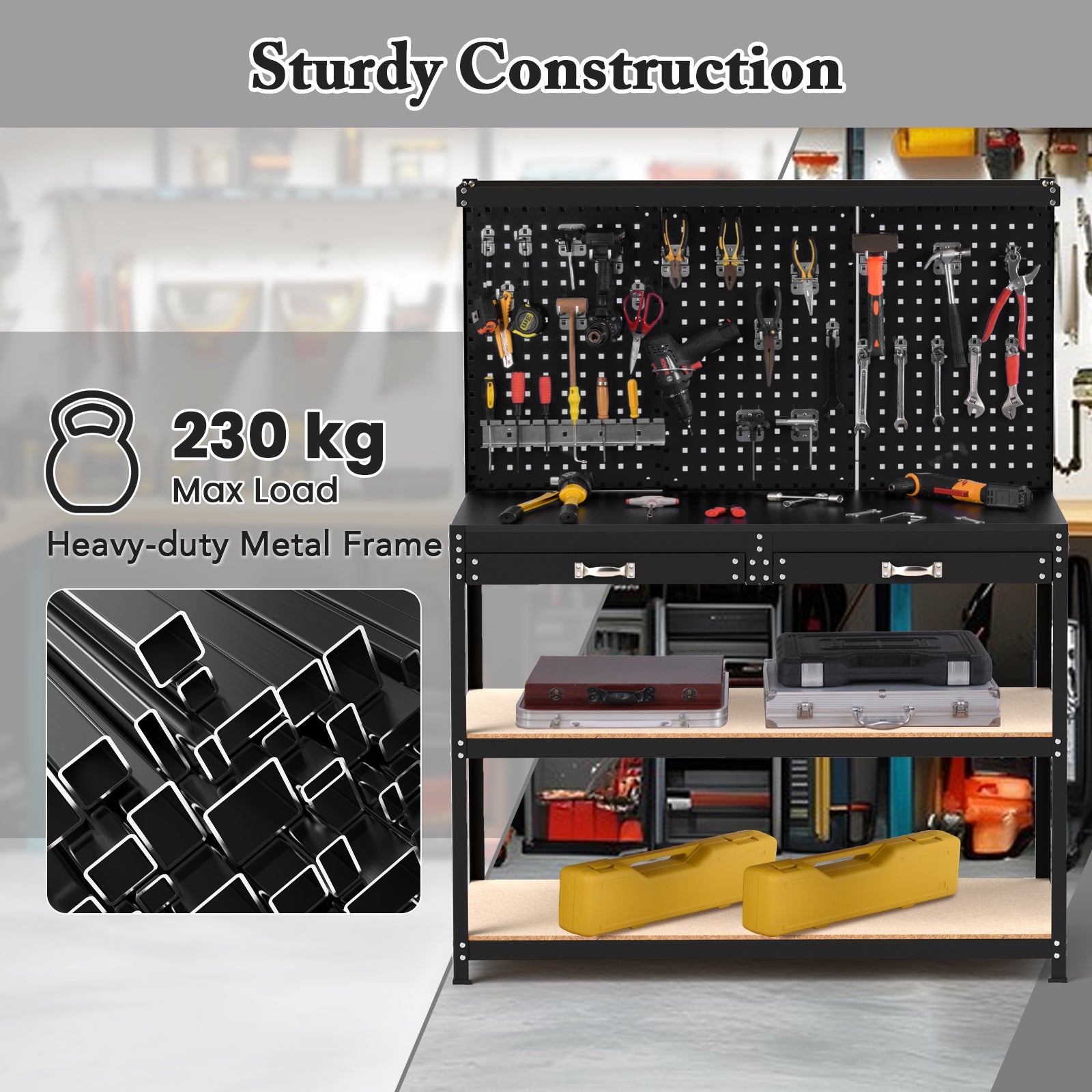 230 kg Heavy-Duty Work Table with 3 Pieces Pegboard and 24 Hanging Accessories-Black