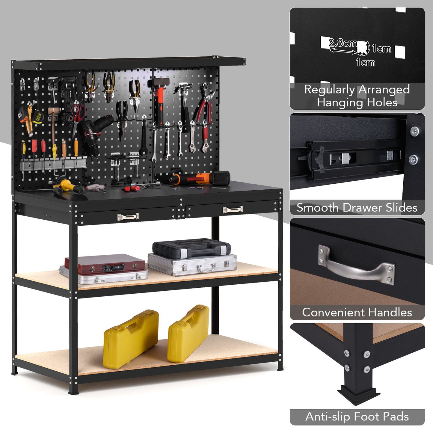 230 kg Heavy-Duty Work Table with 3 Pieces Pegboard and 24 Hanging Accessories-Black