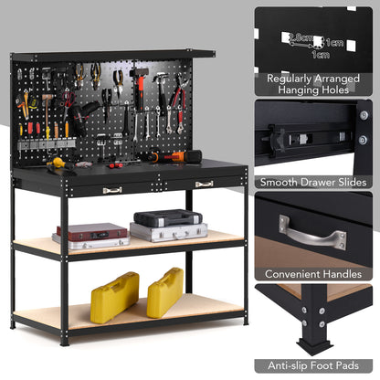 230 kg Heavy-Duty Work Table with 3 Pieces Pegboard and 24 Hanging Accessories-Black