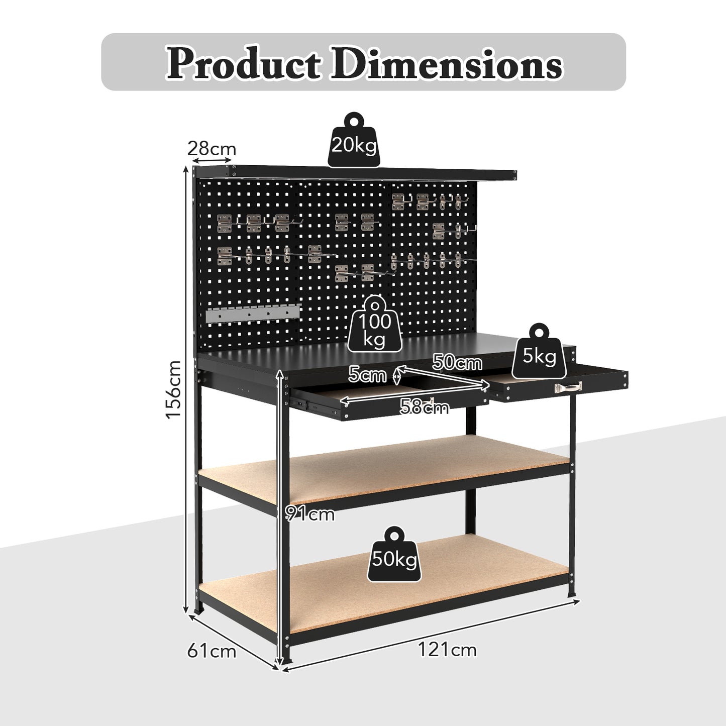 230 kg Heavy-Duty Work Table with 3 Pieces Pegboard and 24 Hanging Accessories-Black