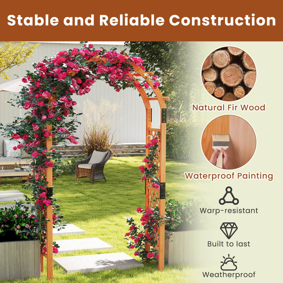 235 cm Garden Arch Wooden Arbor for Climbing Plants-Orange