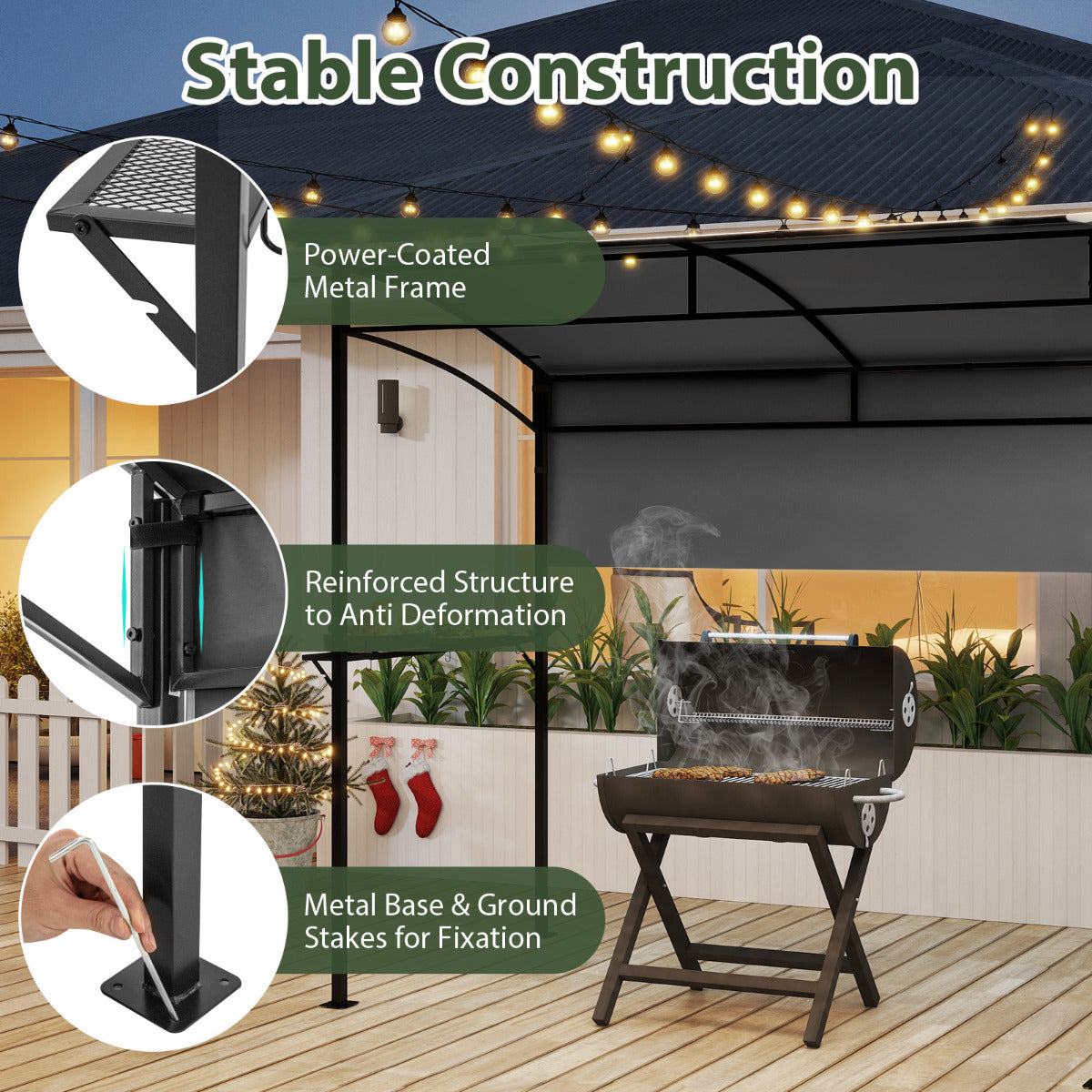 238 x 134 cm Outdoor Grill Gazebo with Steel Shelves and Extra Shadow-Grey