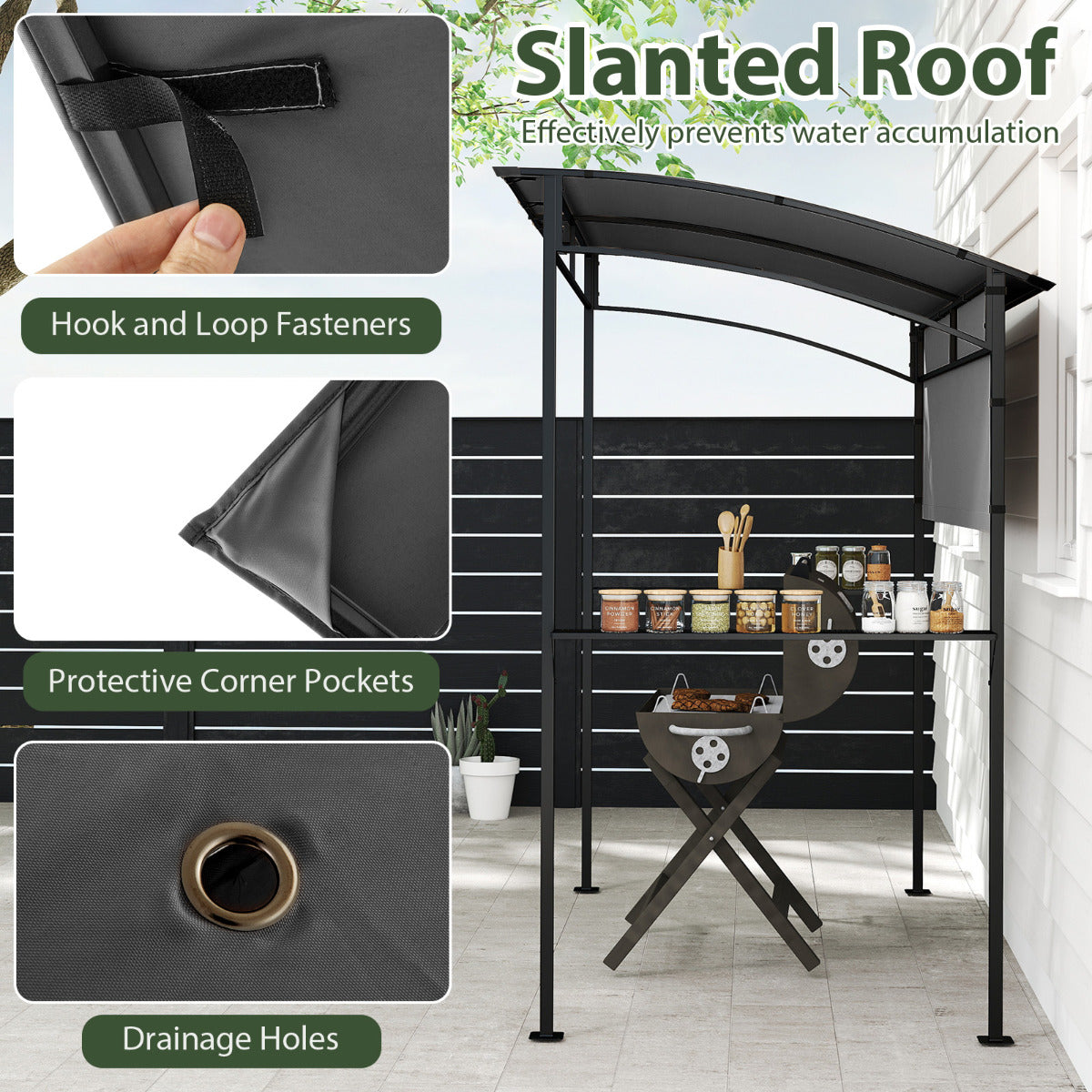 238 x 134 cm Outdoor Grill Gazebo with Steel Shelves and Extra Shadow-Grey