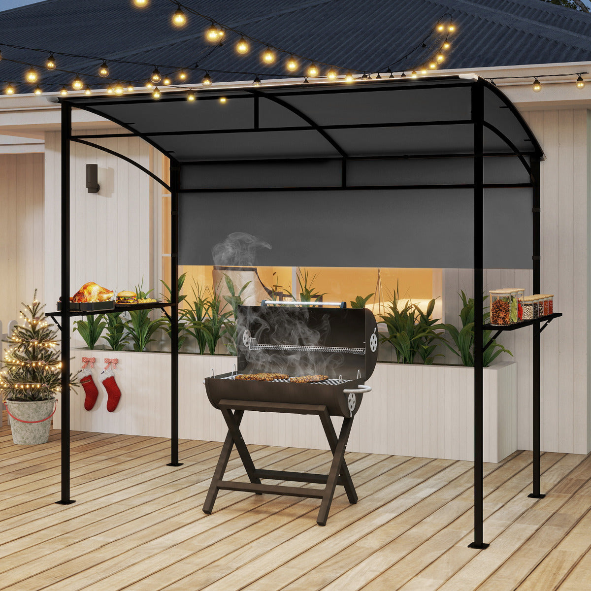 238 x 134 cm Outdoor Grill Gazebo with Steel Shelves and Extra Shadow-Grey