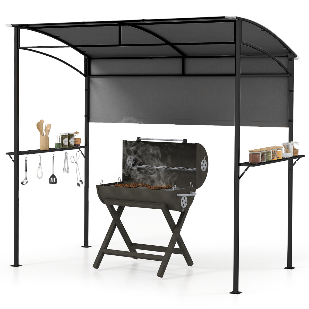 238 x 134 cm Outdoor Grill Gazebo with Steel Shelves and Extra Shadow-Grey