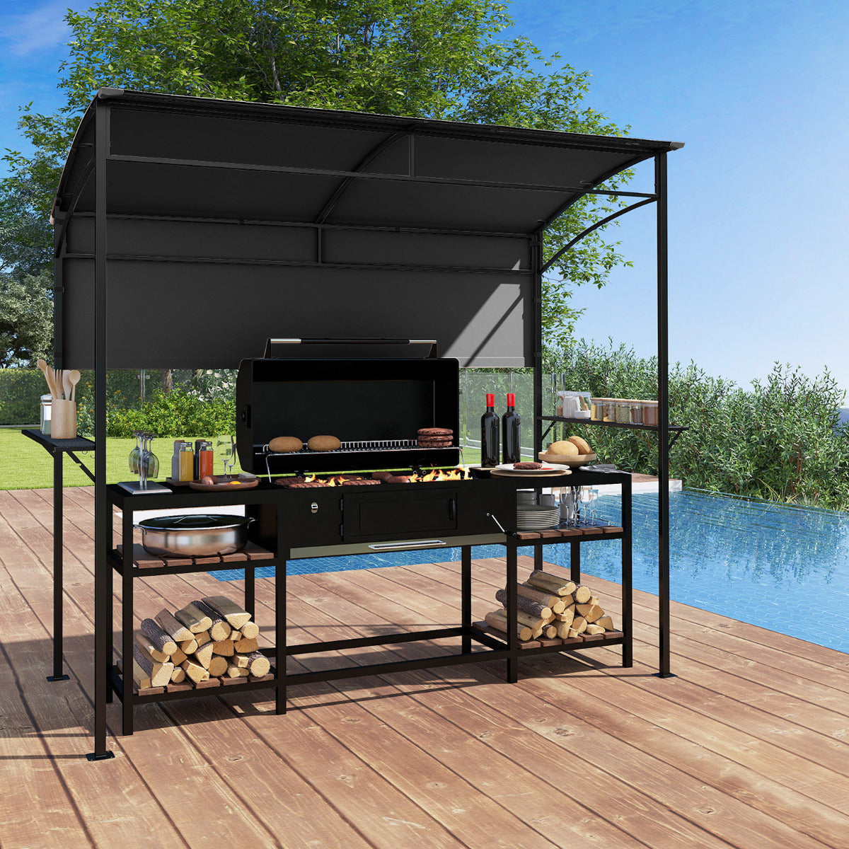 238 x 134 cm Outdoor Grill Gazebo with Steel Shelves and Extra Shadow-Grey