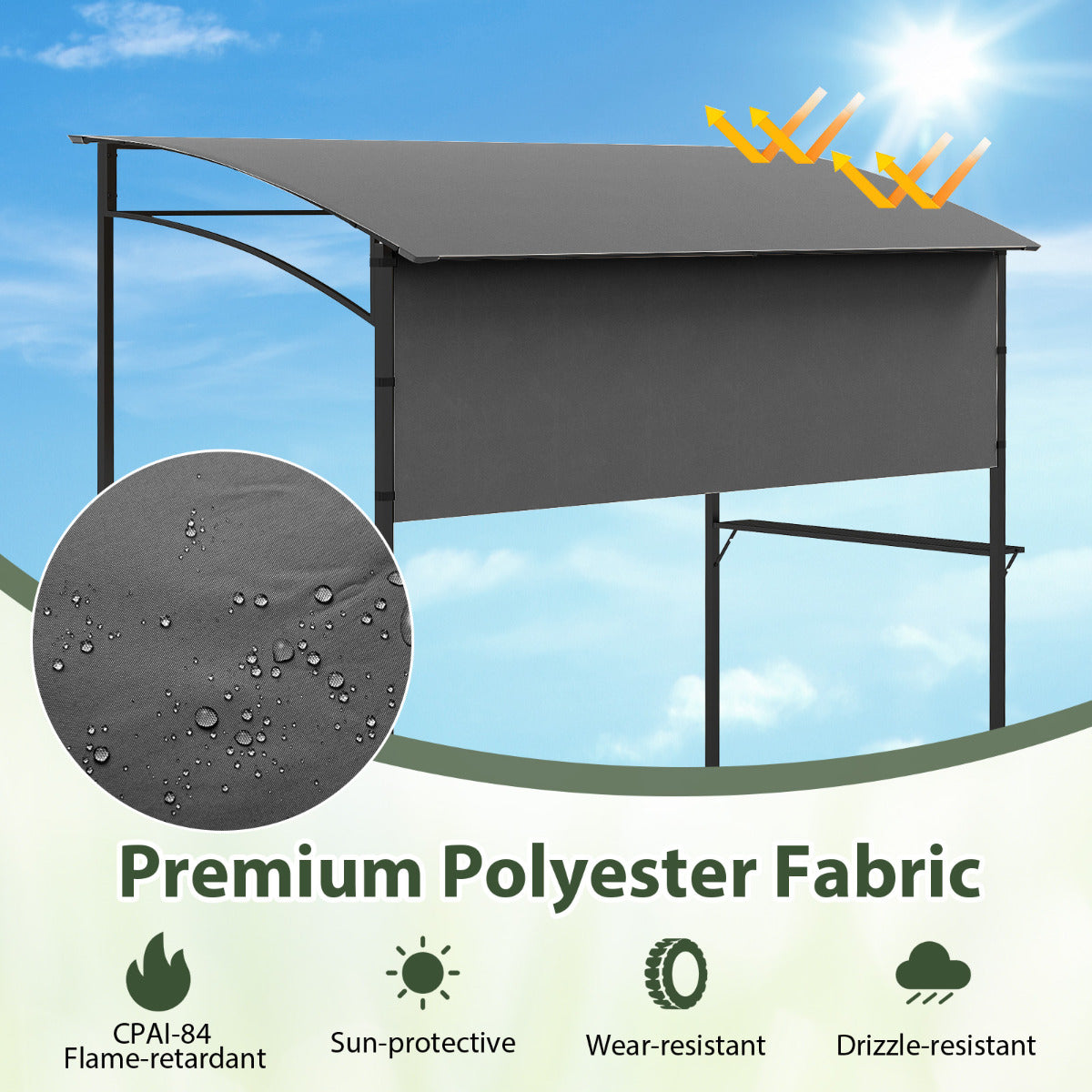 238 x 134 cm Outdoor Grill Gazebo with Steel Shelves and Extra Shadow-Grey
