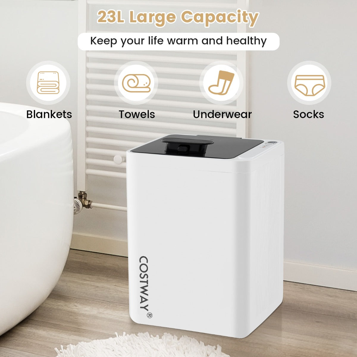 23L Large Towel Warmer with Top Lid and 15-90Min Timer for Bathroom-White