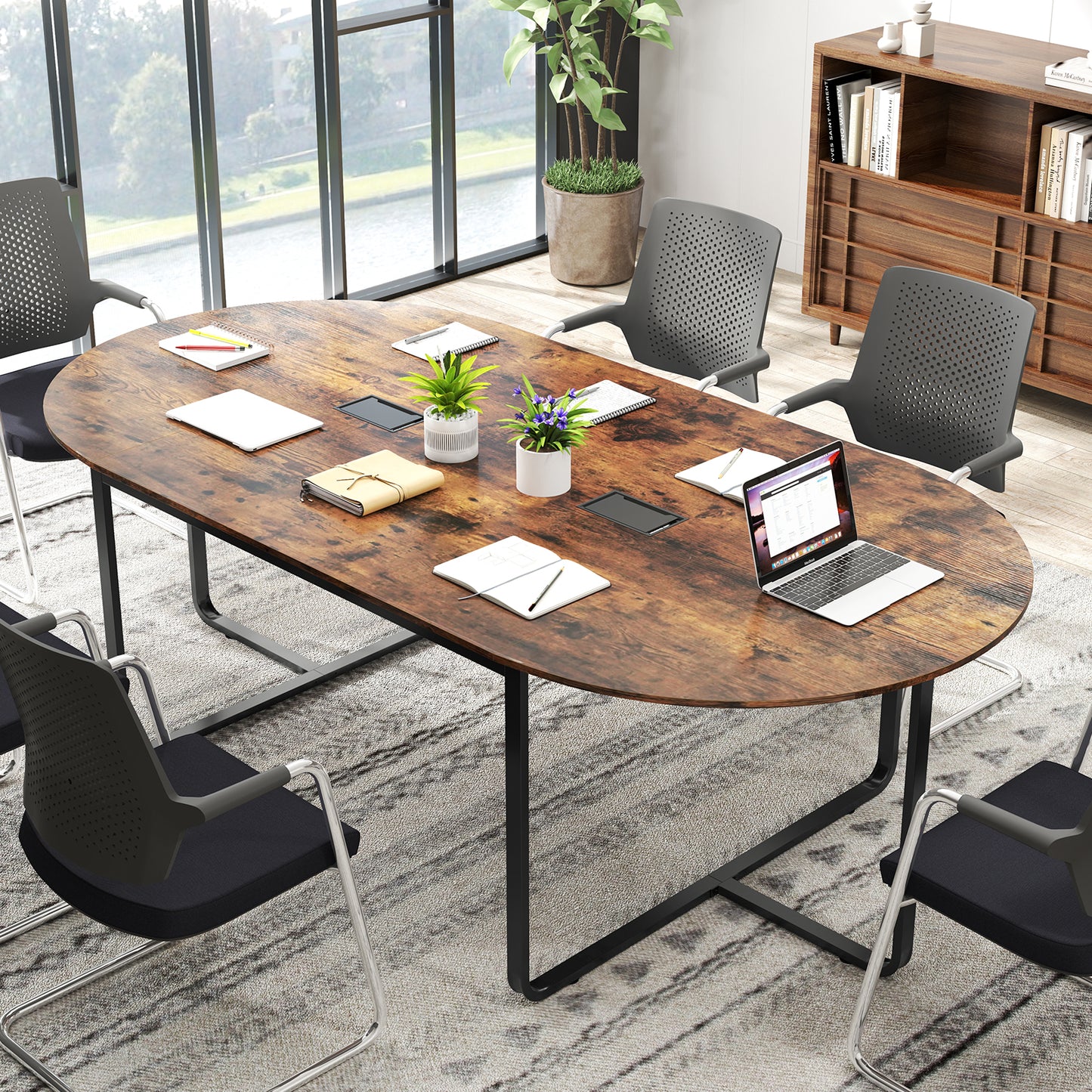 240.5cm Oval Conference Table with Dual Cable Holes and Metal Legs-Rustic Brown