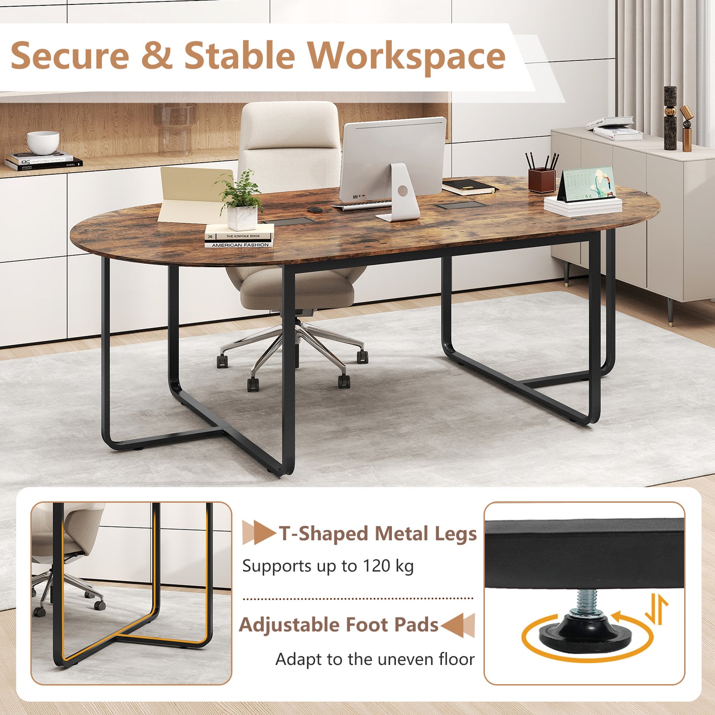 240.5cm Oval Conference Table with Dual Cable Holes and Metal Legs-Rustic Brown