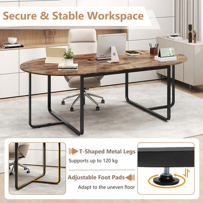 240.5cm Oval Conference Table with Dual Cable Holes and Metal Legs-Rustic Brown