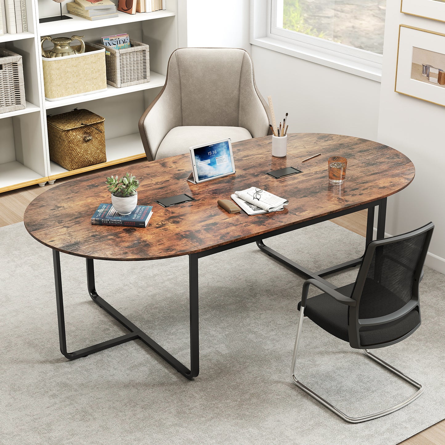 240.5cm Oval Conference Table with Dual Cable Holes and Metal Legs-Rustic Brown