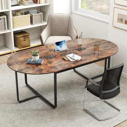 240.5cm Oval Conference Table with Dual Cable Holes and Metal Legs-Rustic Brown